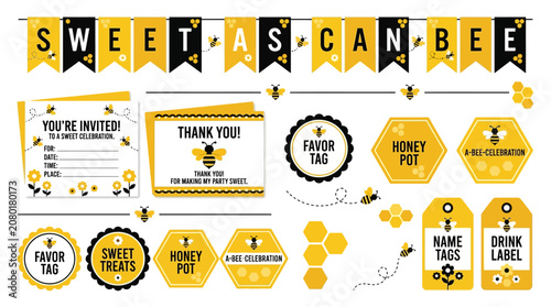 Foto Yellow and black bee themed party decorations.