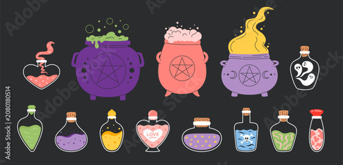 Halloween witch cauldron and potion bottle set with boiling brew, pentagram and love potion. Colorful magic bottle collection with ghost, skull, snake and star liquid. Flat vector illustration