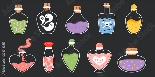 Halloween magic potion bottle set with love potion, ghost, skull, snake and star liquid. Colorful witch potion collection in various bottle shapes on dark background. Flat vector illustration