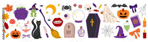 Halloween icon set with pumpkin, witch, ghost, bat, skull, black cat, cauldron, spider, coffin, broom, potion and candy. Autumn spooky holiday symbol collection. Flat vector illustration