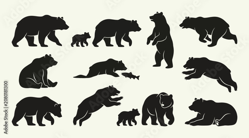 Canvas Print Collection of various bear silhouettes walking and standing.