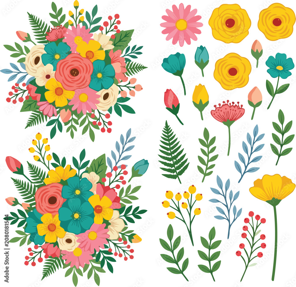 Fototapeta premium Summer flower collection, hand-drawn style floral arrangements and botanical elements
