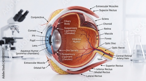 Cross section of human eye showing labeled anatomy including cornea iris pupil lens retina optic nerve sclera macula and blood vessels in clinical laboratory setting