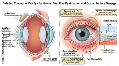 Dry eye syndrome illustration showing tear film dysfunction ocular surface damage lipid layer aqueous layer mucin layer lacrimal gland meibomian gland and symptoms like redness and discomfort