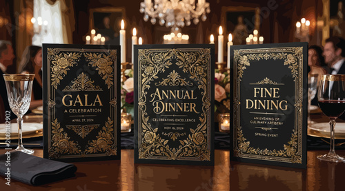 Konstfotografi Gala and fine dining event invitation cards on a decorated banquet table with ca