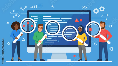 Diverse software development team inspecting computer code with magnifying glasses for quality assurance
