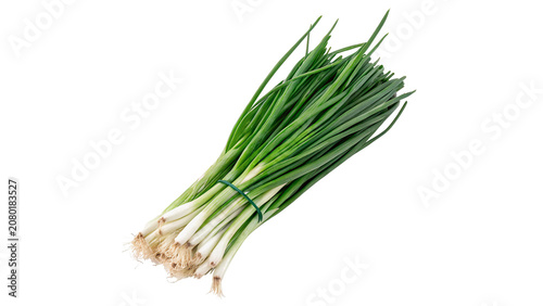 Foto Bunch of fresh organic green spring scallions onions vegetable isolated on trans