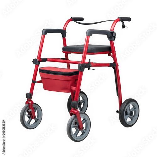 Red mobility walker with seat and basket for seniors