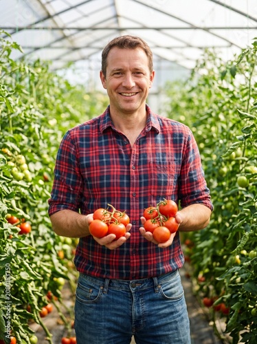 Farmer holding freshly harvested tomatoes inside a modern greenhouse. Sustainable food production and local agriculture concept.