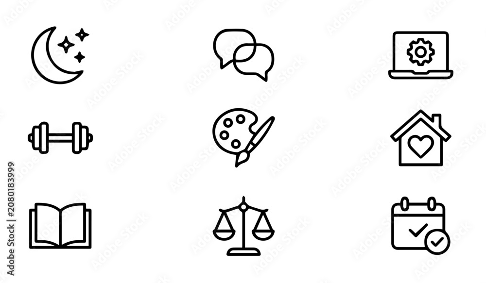 Fototapeta premium Modern Line Icons: Moon, Chat, Laptop, Dumbbell, Art, Home, Book, Scales, Calendar Icons