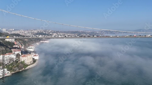 Aerial view of the Bosphorus bridges shrouded in fog; a postcard-worthy foggy scene in Istanbul.