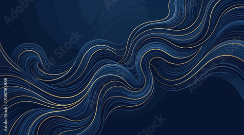 Tableau sur toile Abstract flowing lines pattern in gold and blue, dynamic wave shapes on a dark b