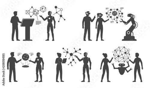 Human Interaction with Futuristic AI Robots in Silhouette Vector Illustration Set