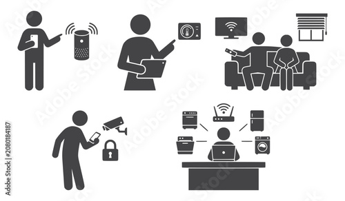 Smart Home Technology Interaction Silhouettes in Flat Vector Line Art Style