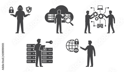IT Professionals Interacting with Digital Security and Data Concepts in Silhouette Vector Illustration