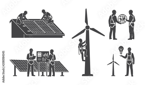 Engineers Installing Solar Panels on Rooftop with Teamwork and Renewable Energy Vector Silhouettes