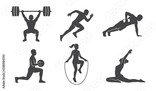 Fitness Workout Silhouettes Vector Set of Athletic Exercises and Gym Activities Line Art
