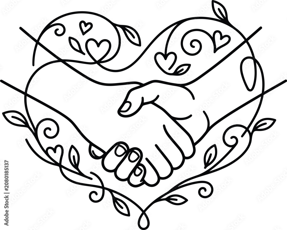Obraz premium Handshake in Heart Floral Frame Cartoon, Kawaii Friendship Day Line Art