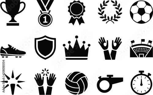 Football championship icon set, soccer ball, trophy, stadium, player, referee, goal, whistle, sports symbols, flat design.