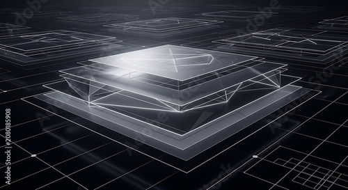 Futuristic technology concept, glowing white circuit board design, 3D geometric shapes, sleek modern architecture