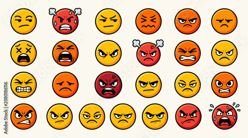 Fotografie Angry emoji icon set with 24 aggressive facial expressions, red and orange mad e