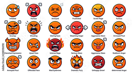 Εκτύπωση καμβά Angry emoji collection, 24 furious face icons in orange and red colors, aggressi