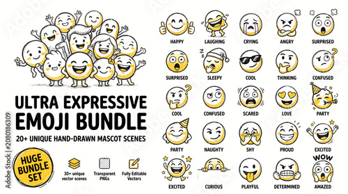 Cuadro en lienzo Ultra expressive emoji bundle, 20 unique hand-drawn mascot scenes, cute yellow c