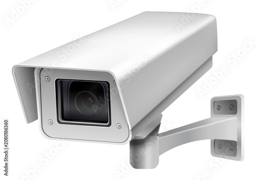 Modern white security cctv camera vector illustration providing protection safety and digital control concept for advertising web banners and corporate design.