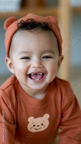 Baby wearing bear hat smiling while crawling on wooden floor