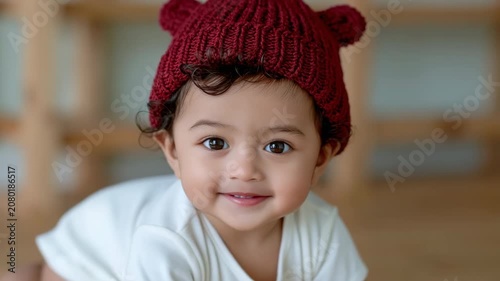 Baby wearing red knit hat crawling on wooden floor indoors