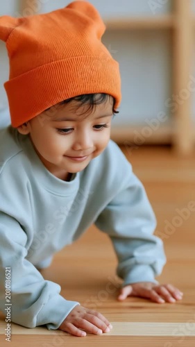 Toddler in orange hat crawling on wooden floor inside home