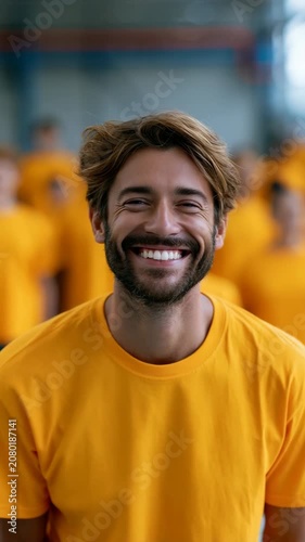 Young man waving in yellow shirt at group gathering
