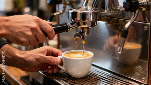 Stainless steel espresso machine preparing rich coffee with adult male hands in café setting naturally