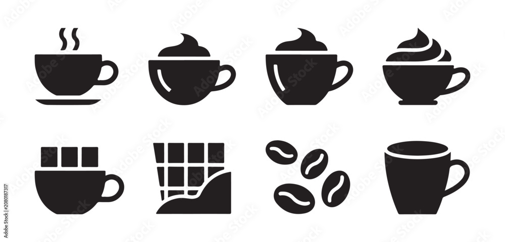 Obraz premium Collection of Coffee and Chocolate Icons Featuring Cups, Whipped Cream, Coffee Beans, and Chocolate Bars