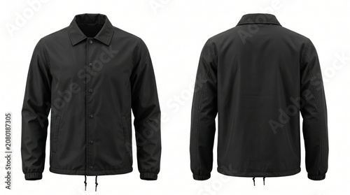 Blank Black Coach Jacket Mockup with Front and Back View Isolated on White Background