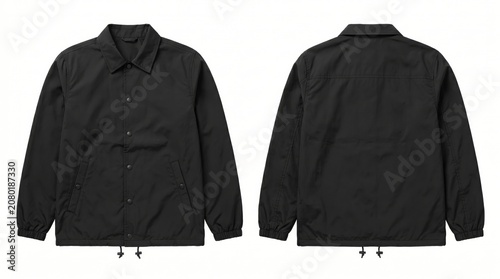 Flat Lay Black Coach Jacket Mockup Front and Back View Isolated on White Background