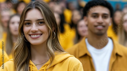 Young woman smiling among crowd in outdoor stadium