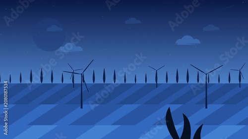 Animated Wind Turbines Spin Slowly at Night Under a Starry Sky