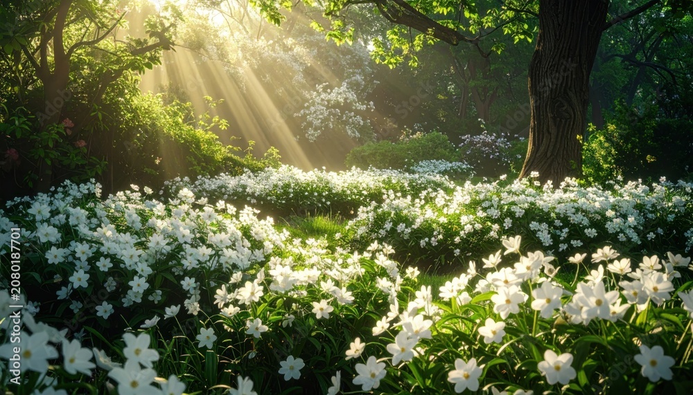 Obraz premium Sunlight filtering through white flowers forest.