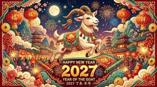 Happy new year 2027 year of goat chinese new year celebration with fireworks.