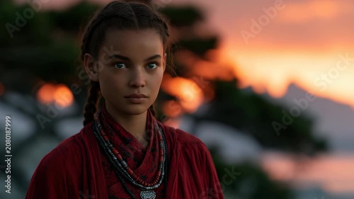 Teenage girl gazing directly at camera during coastal sunset scene