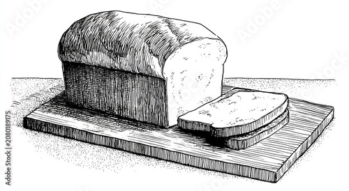 Monochrome loaf of bread with slices on wooden board illustration.