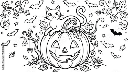 Happy helloween day cat on jack o lantern with bats and spider