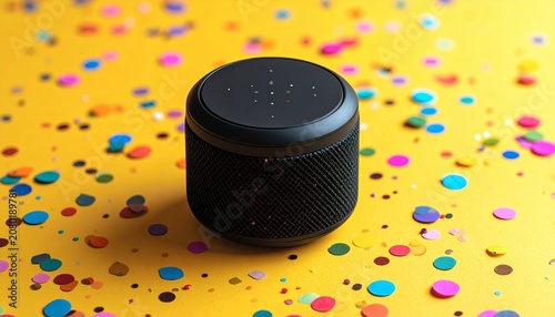 Black wireless earbuds on colorful background.
