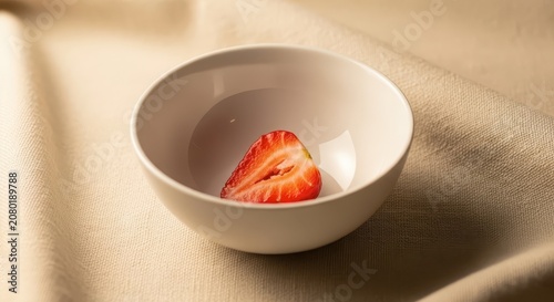 White bowl with sliced strawberry inside.