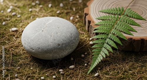Gray stone and fern on moss.