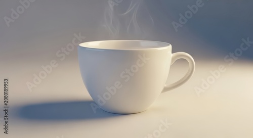 Steaming white coffee cup on table.