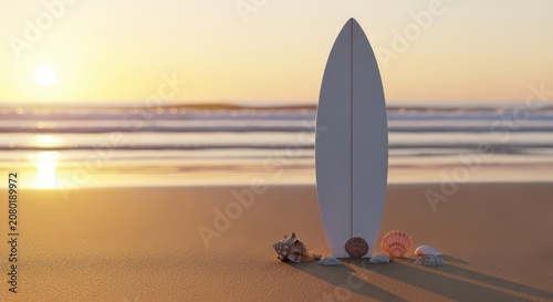 Surfboard on beach at sunset ocean.