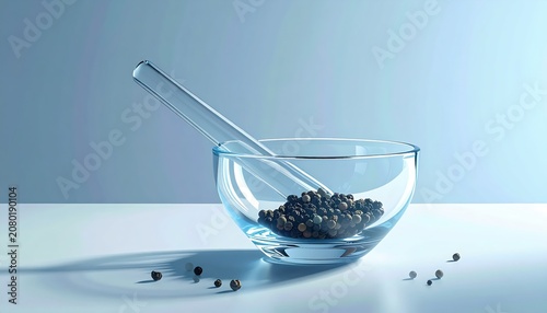 Glass bowl with black peppercorns and spoon.