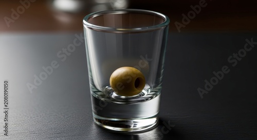 Whiskey glass with a single olive.